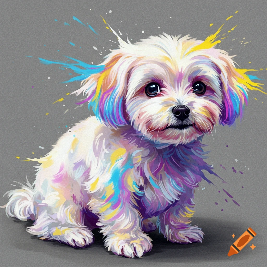A small fluffy white dog with colorful paint splatters on its fur.