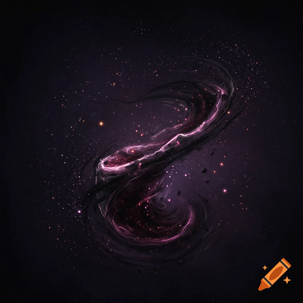 An abstract purple and pink swirling shape in deep space filled with stars and nebulae.