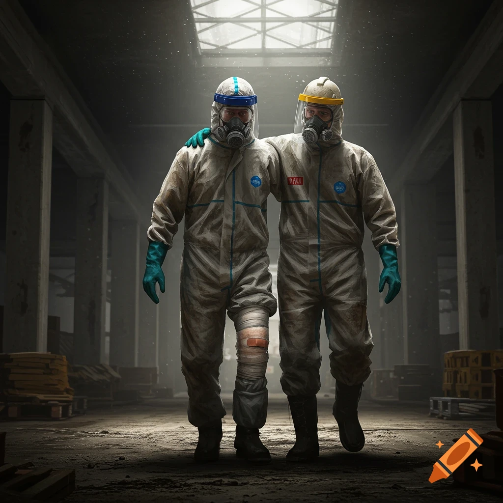 Two workers in hazmat suits are walking in an industrial building, one helping the other.