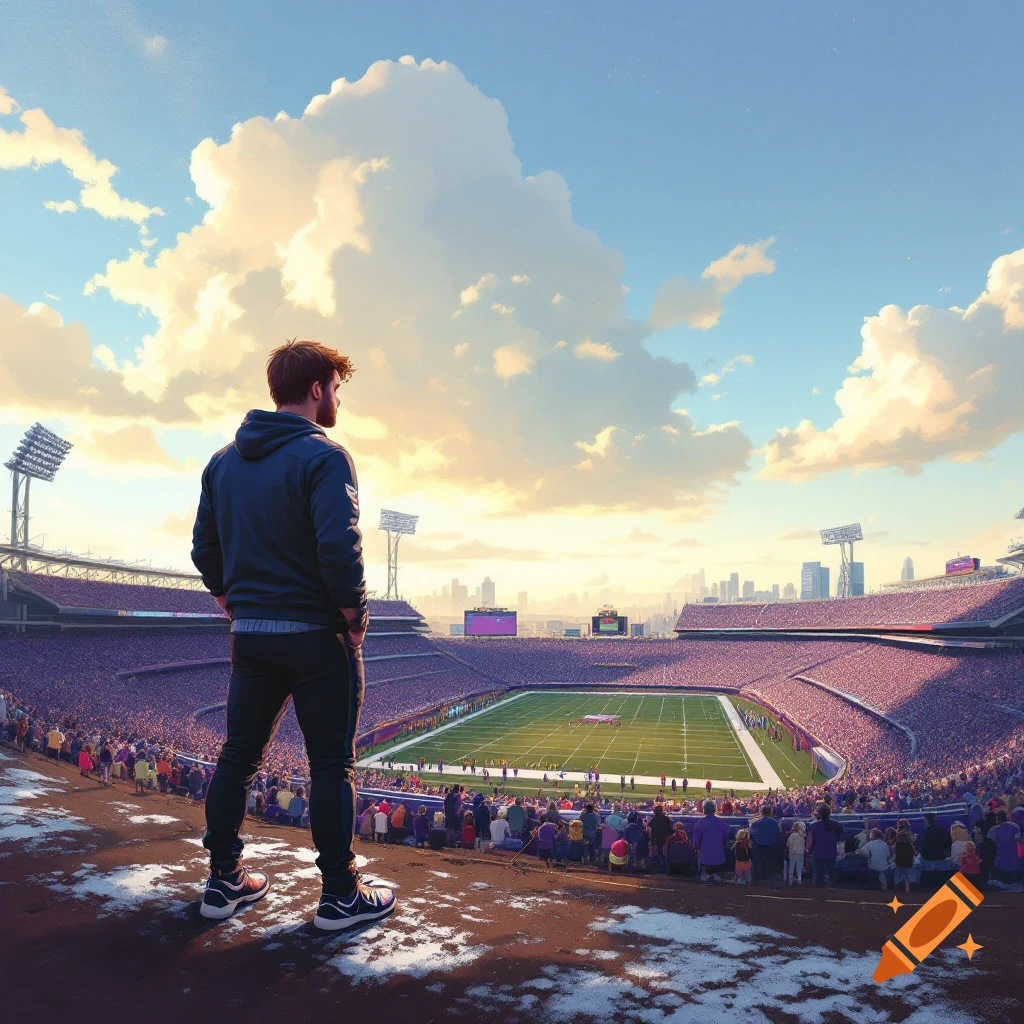 A man stands on a hill looking at a football stadium and city skyline under a cloudy sky.