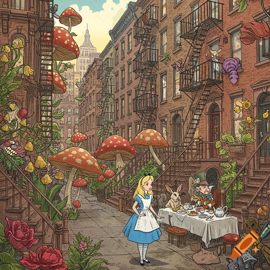 Alice and friends have tea party in Brooklyn street with giant mushrooms, vintage children's book style