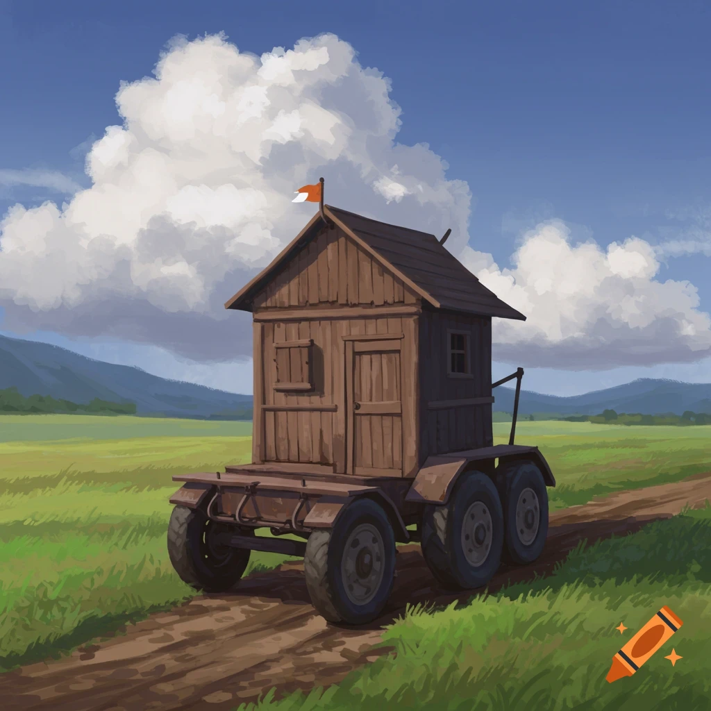A small wooden house on a multi-wheeled trailer on a dirt path in a grassy field under a cloudy sky.