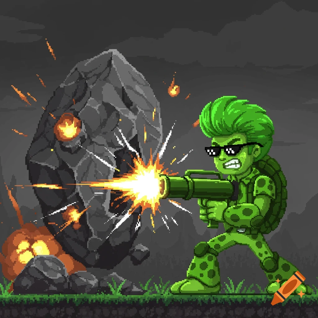 Pixel art of a green character with sunglasses and a bazooka shooting an exploding rock.