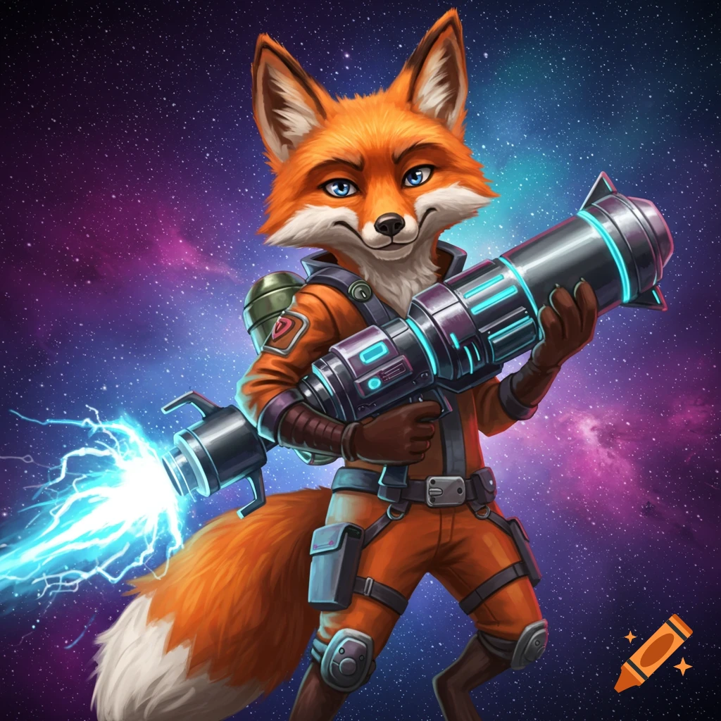 An anthropomorphic fox in space suit holds a large rocket launcher in front of a galaxy background.