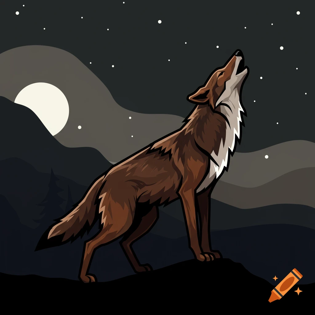 Stylized illustration of a brown coyote howling at the moon under a starry night sky.