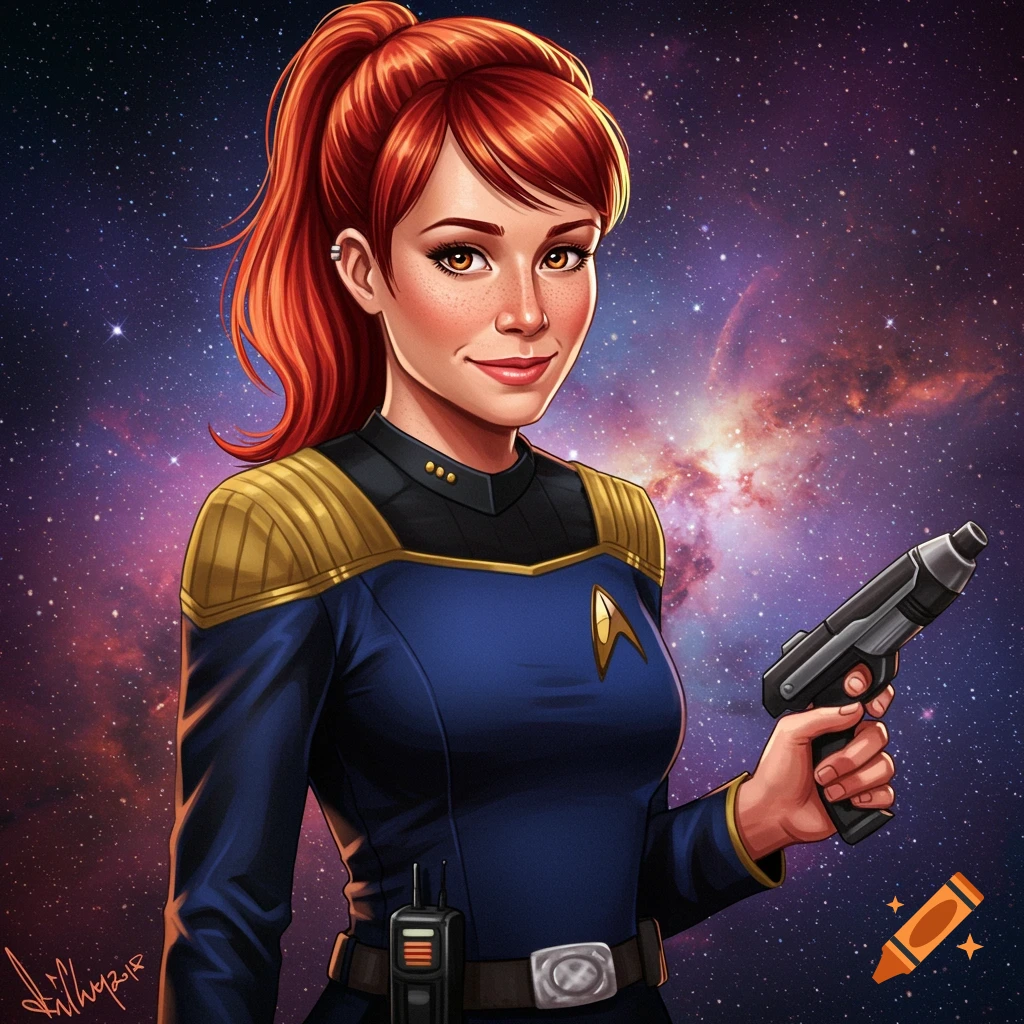 A red-haired woman in a blue Starfleet uniform holds a phaser in space.