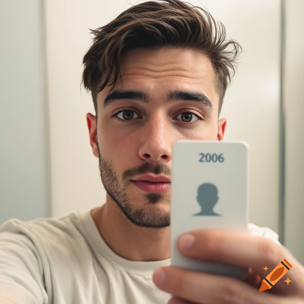 Photorealistic portrait of a man holding up an ID card with '2006' on it.