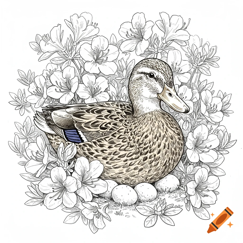 Outline sketch of a mother mallard duck nesting on eggs surrounded by flowers.