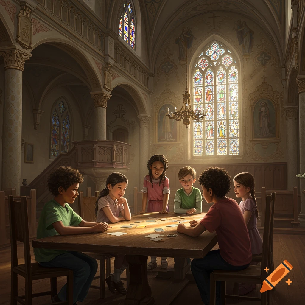 Children play a game at a table in a grand church bathed in light from stained glass windows.