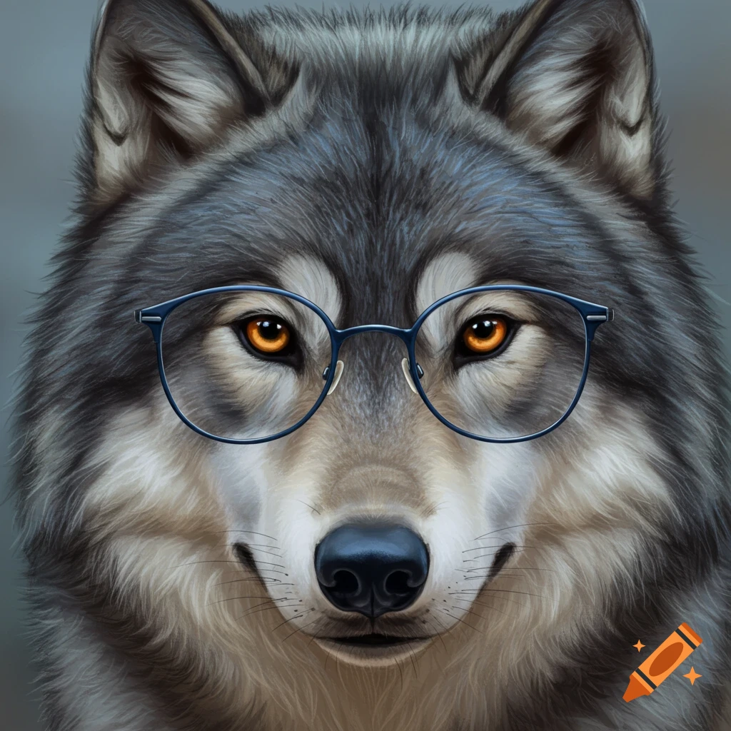 Close-up of a wolf wearing blue-framed glasses