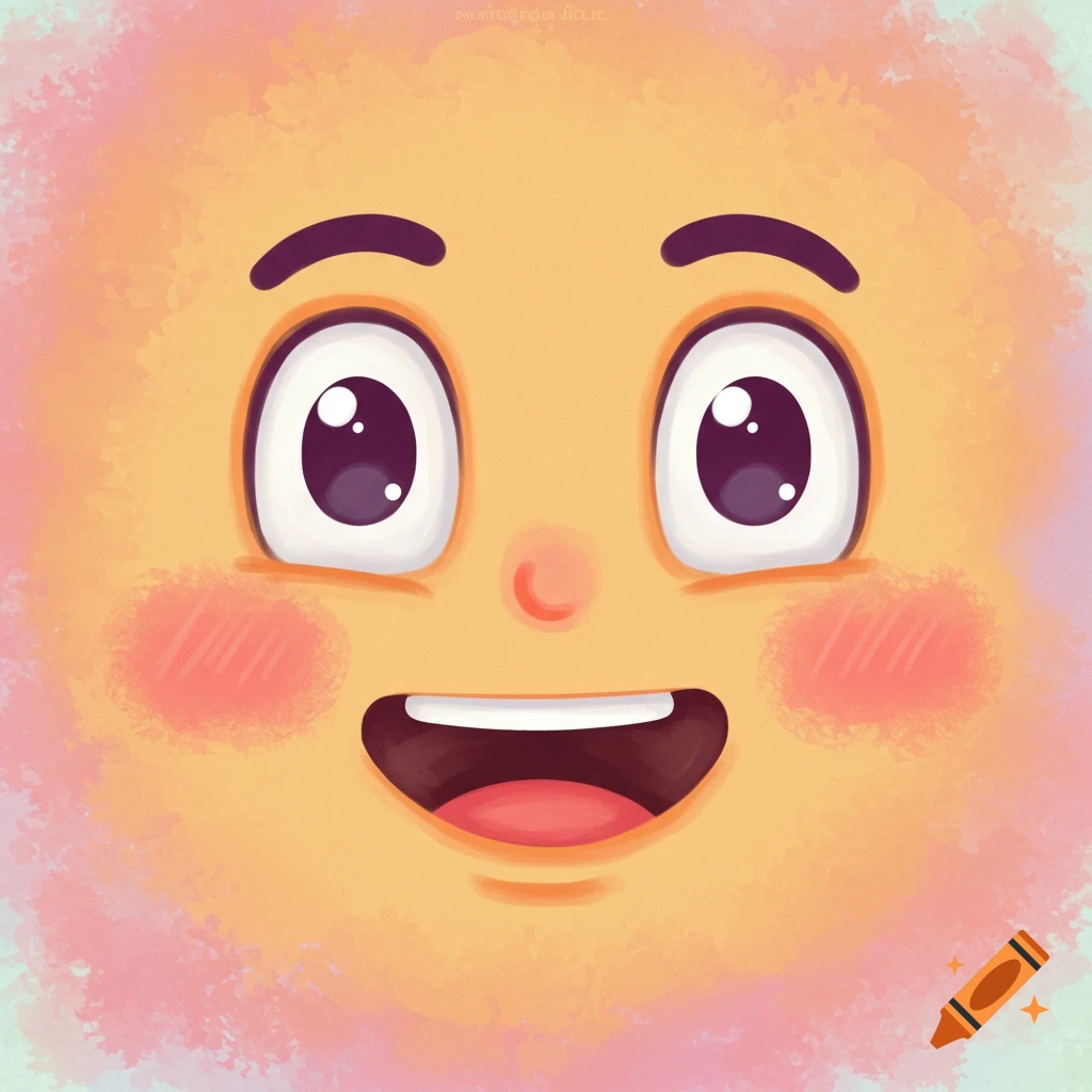Close-up of a happy cartoon face with wide eyes and a smile