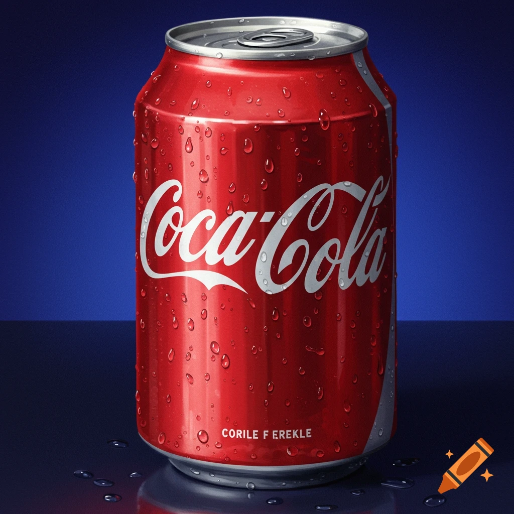 A wet red Coca-Cola can on a dark surface with a dark blue background.