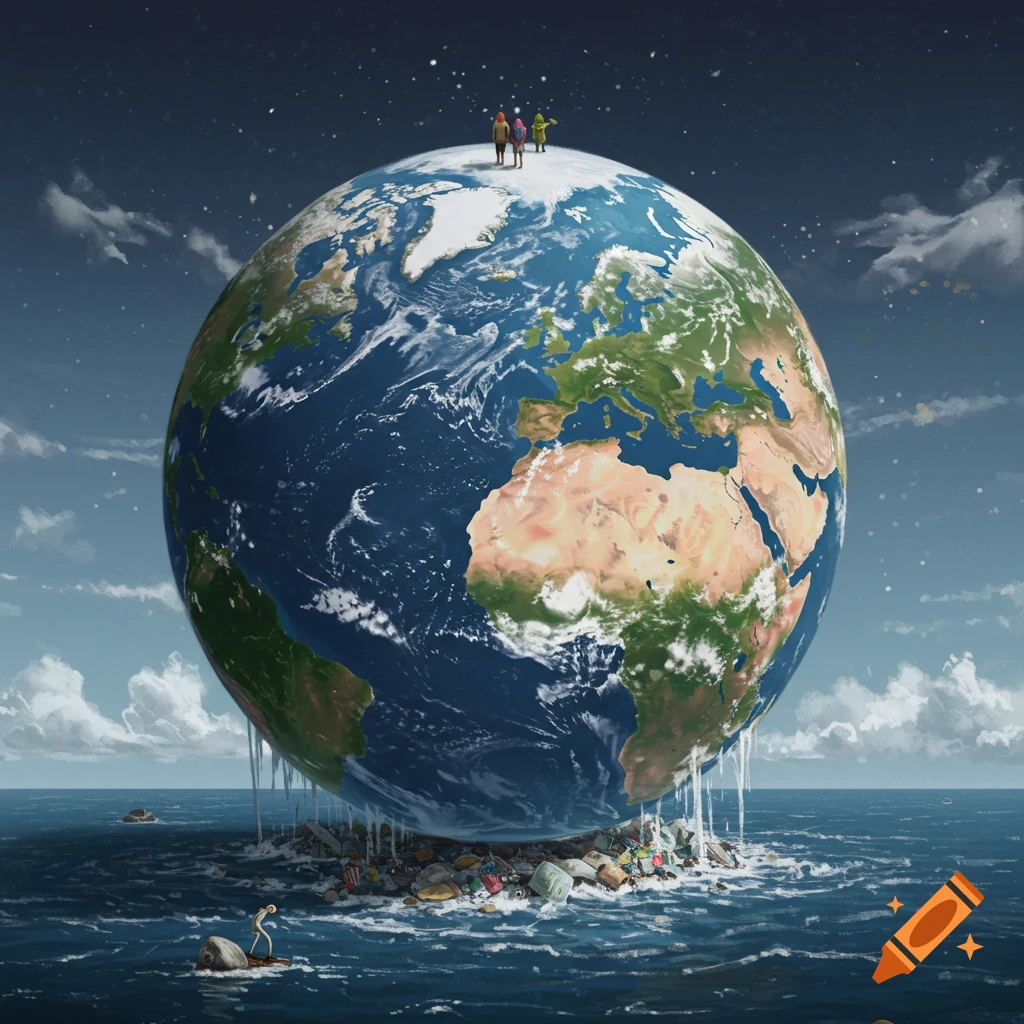 Earth melting on a pile of trash in the ocean with figures on top and bottom.