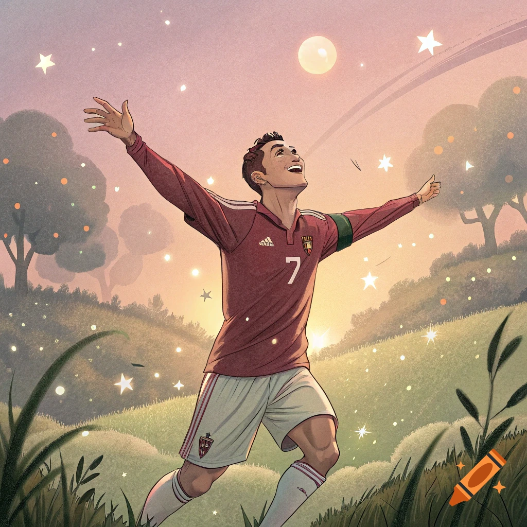 A stylized Ghibli-style illustration of a soccer player in a red jersey with the number 7 celebrating with arms outstretched in a magical landscape.