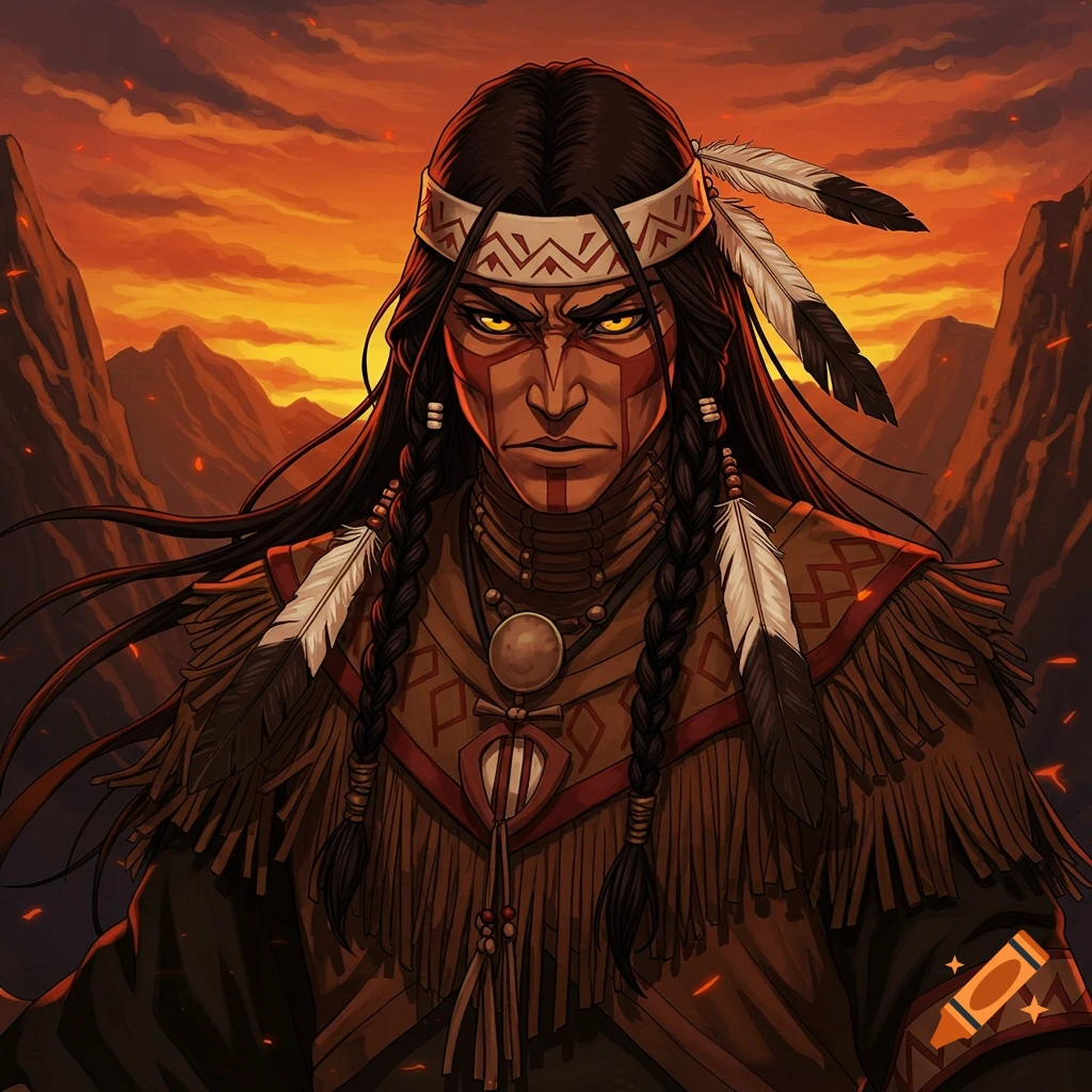 A character with long dark hair, face paint, feathers, and a fringed outfit against a sunset background.