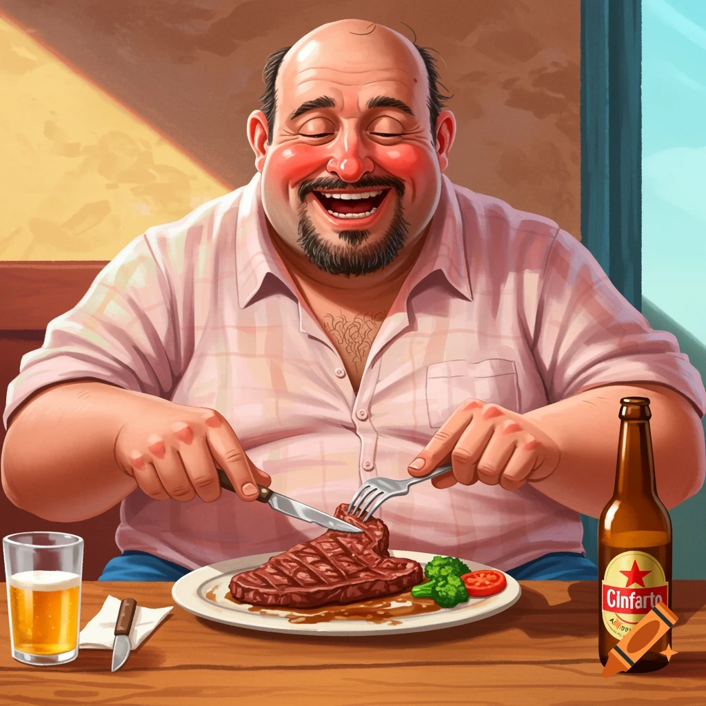 Stylized image of a happy man eating a steak and drinking beer