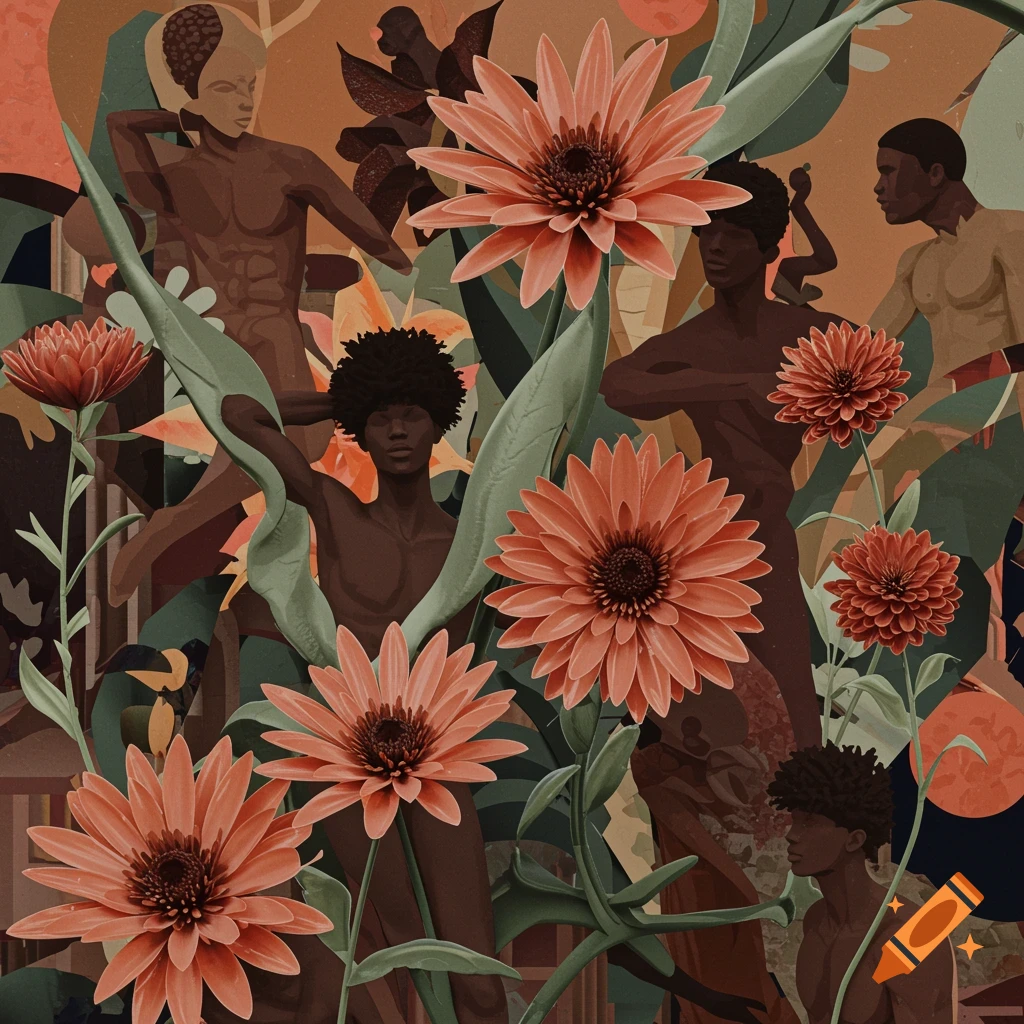 Abstract illustration of masculine figures integrated with flowers in a stylized nature scene.