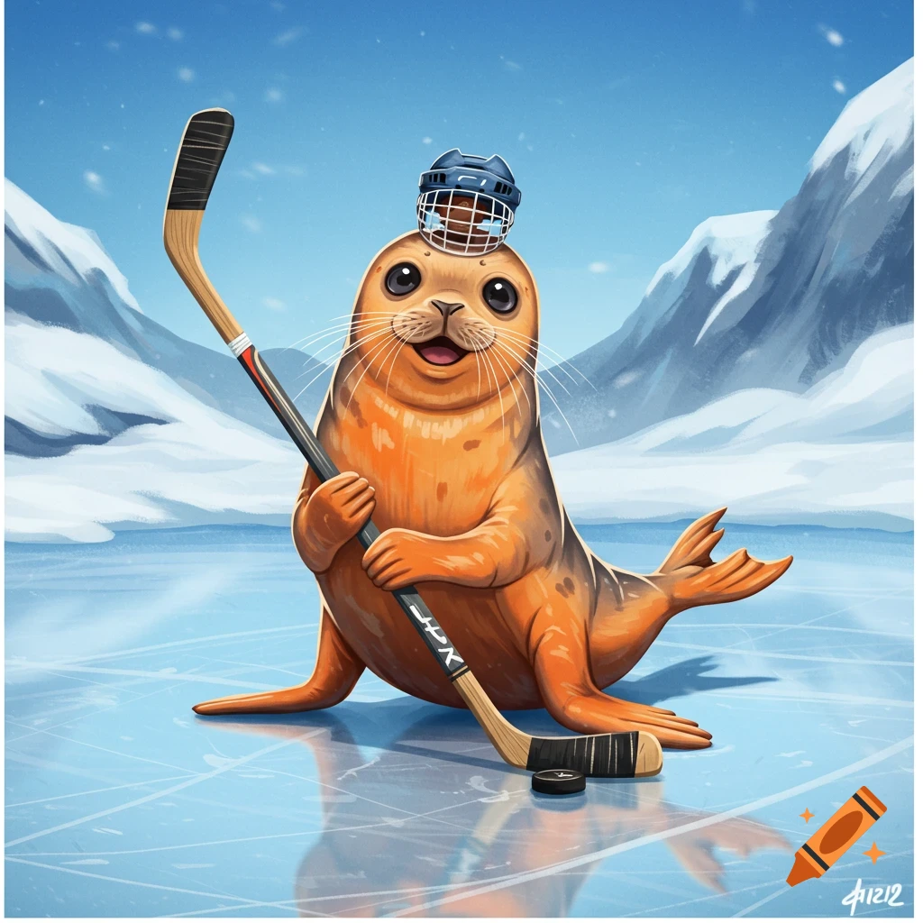 Cartoon seal wearing a helmet and holding a hockey stick on an ice rink.