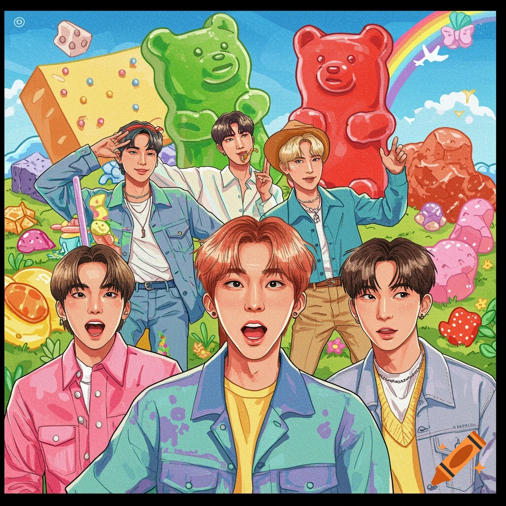 Colorful depiction of a group of stylized male characters in a candy land with giant gummy bears and a rainbow.