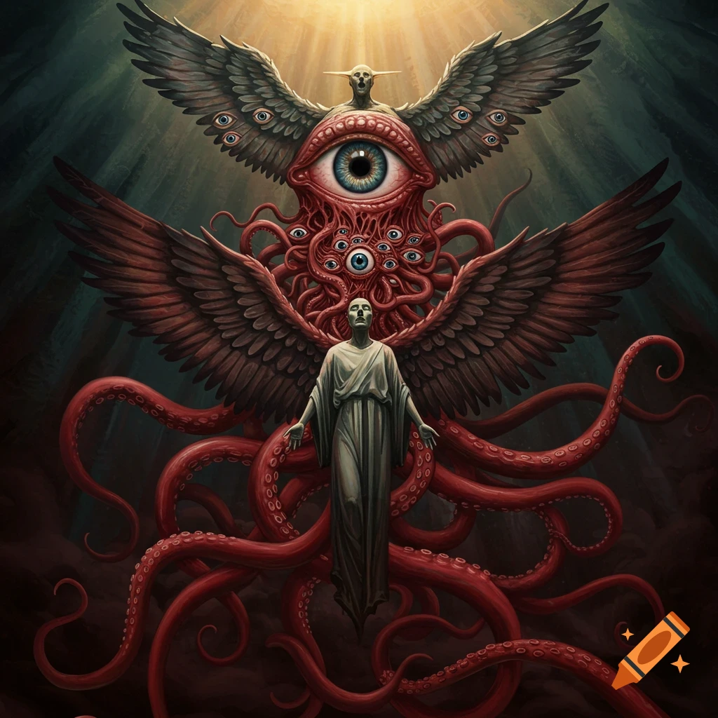A winged, multi-eyed creature with red tentacles towering behind a floating robed figure.