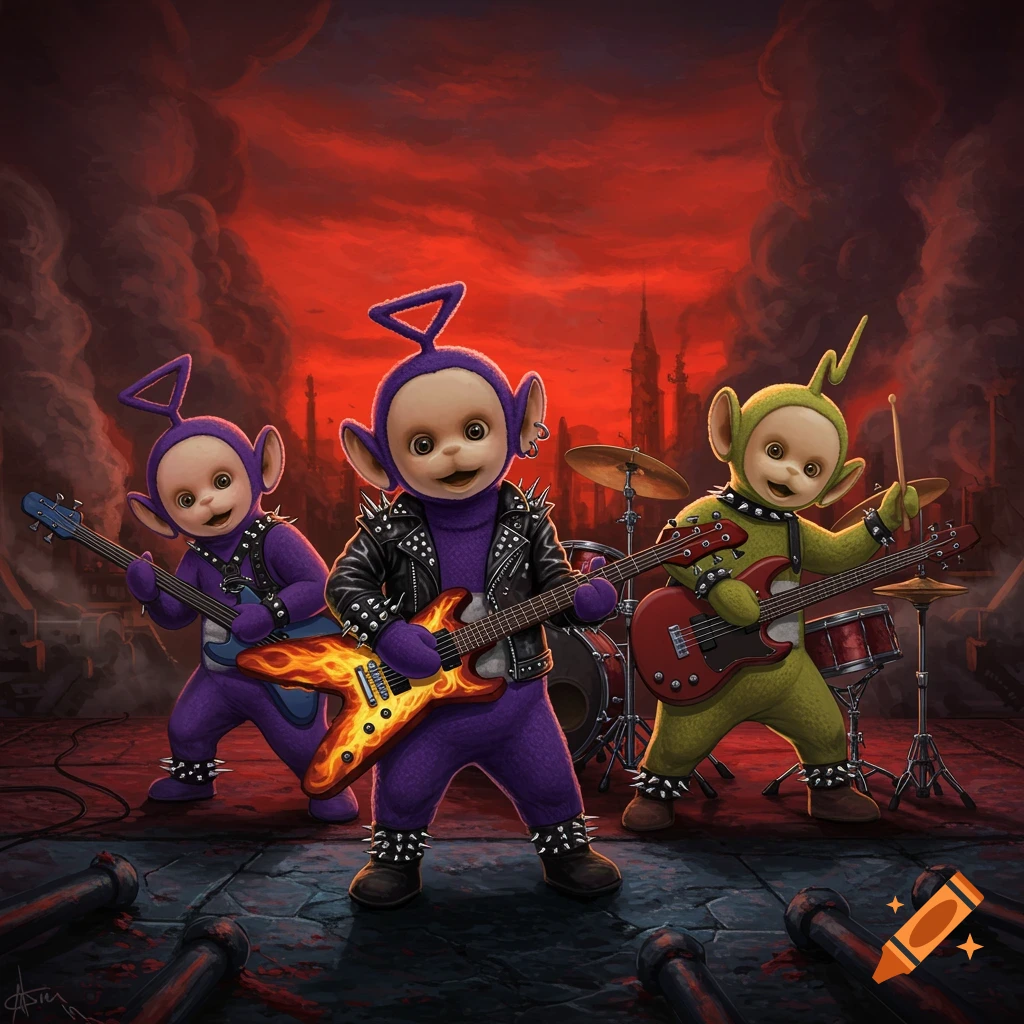 Teletubbies playing heavy metal music on a stage with a red sky and dark cityscape.