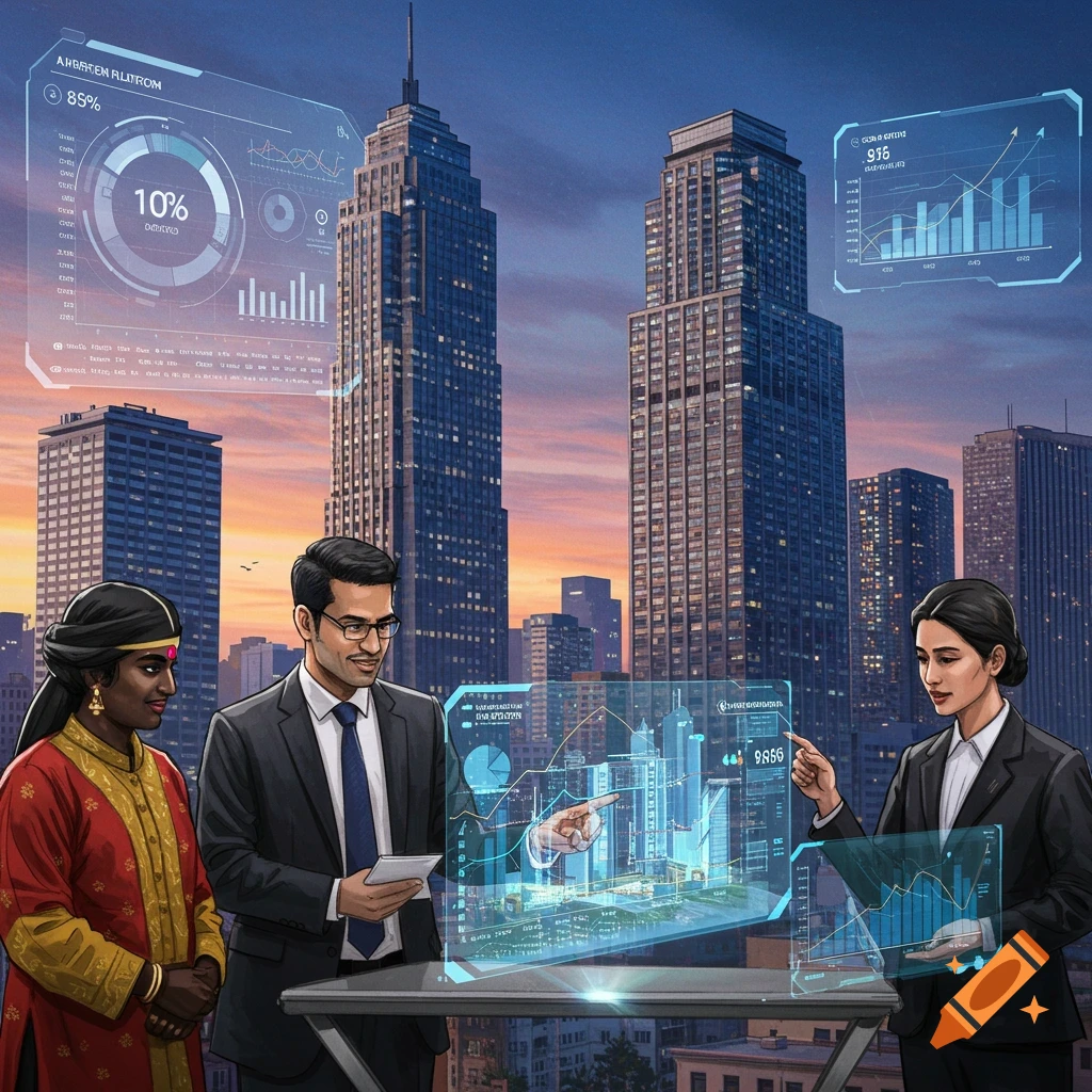Business people reviewing holographic data displays against a city skyline.