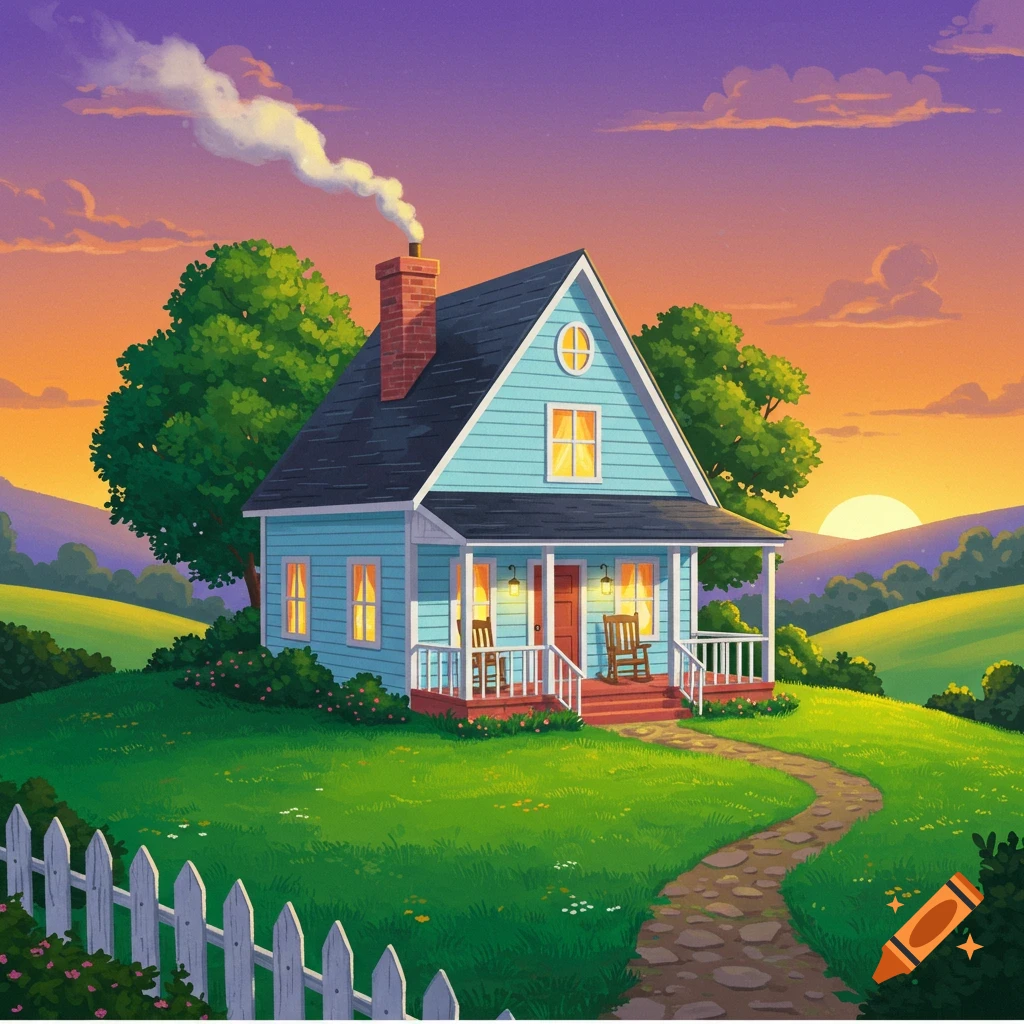 A blue house on a grassy hill with a path, fence, trees, and sunset.