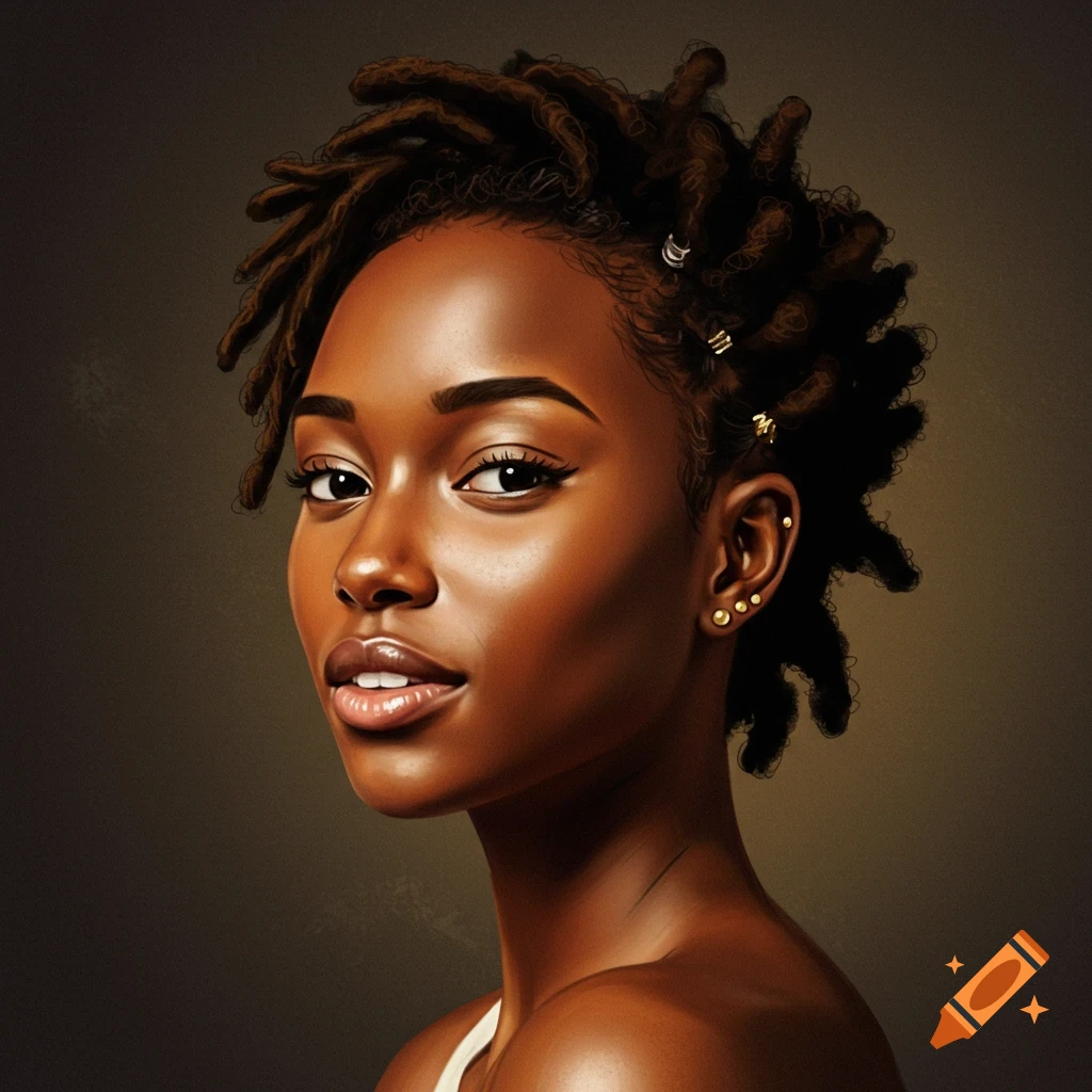 A woman with short dreadlocks and gold earrings