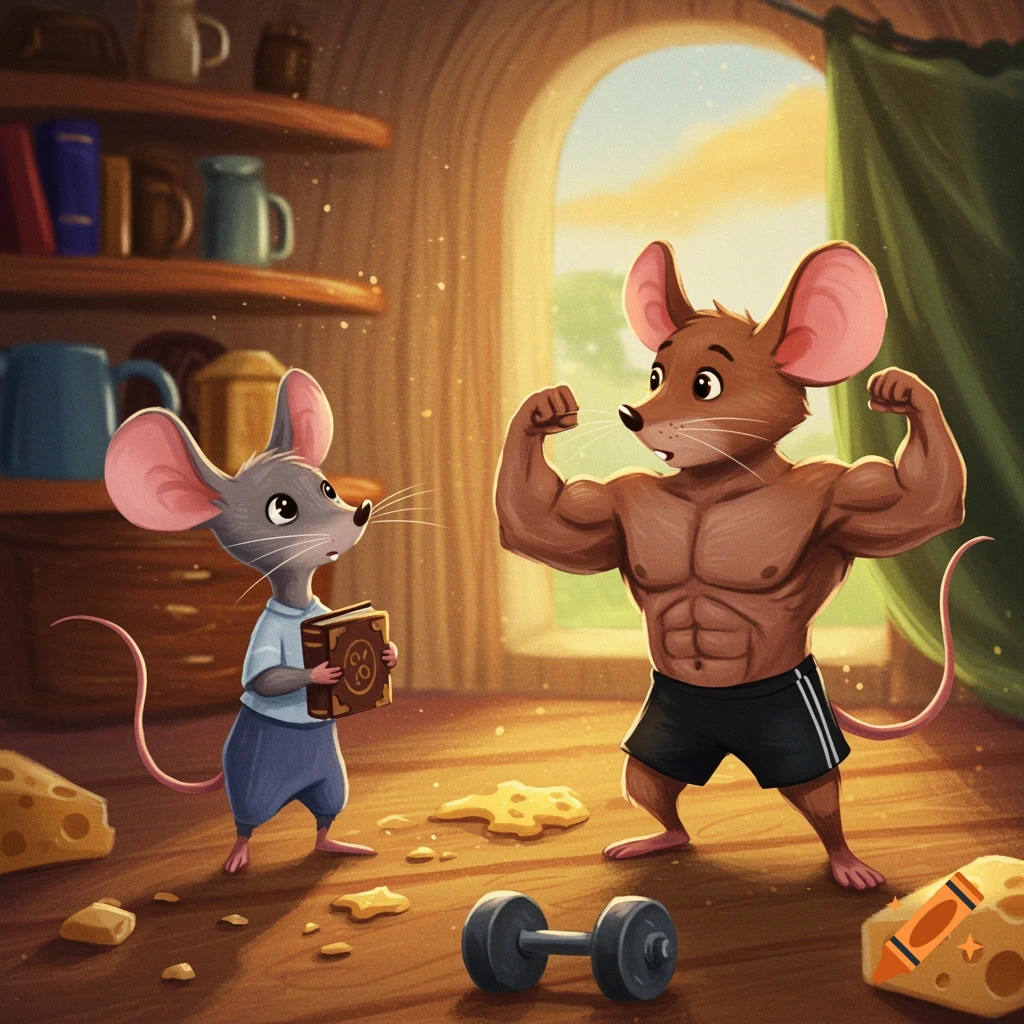 Cartoon illustration of a muscular mouse posing next to a smaller mouse holding a book, in a room with cheese and a dumbbell.