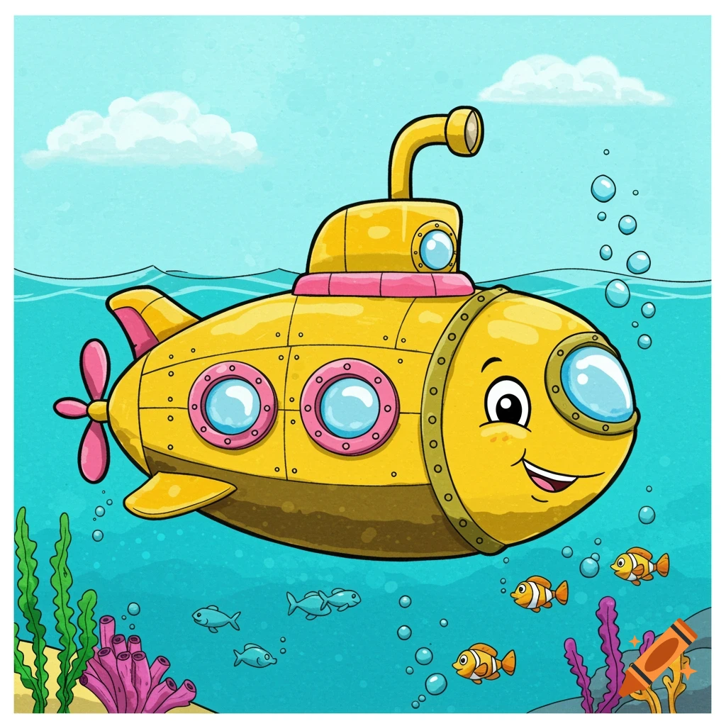 A friendly yellow cartoon submarine with a smiling face swims underwater with fish and coral.