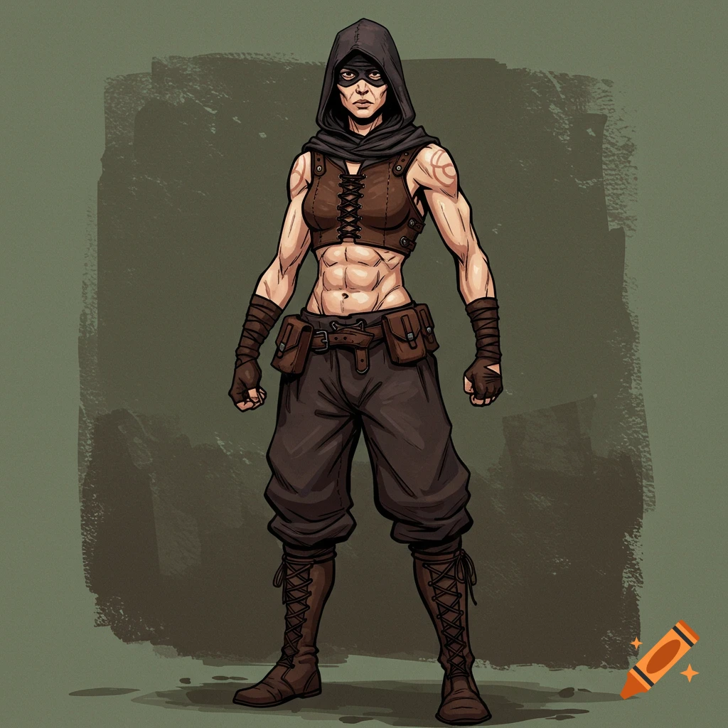 A female burglar with an athletic build, wearing leather armor, hood, and loose pants, in a comic style illustration.