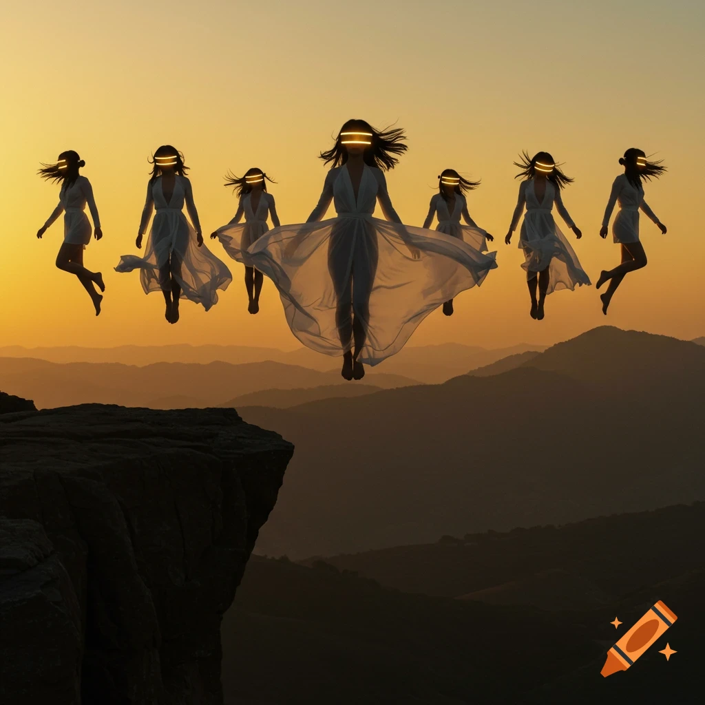 Multiple figures in flowing white dresses and glowing visors levitate above a cliff at sunset.