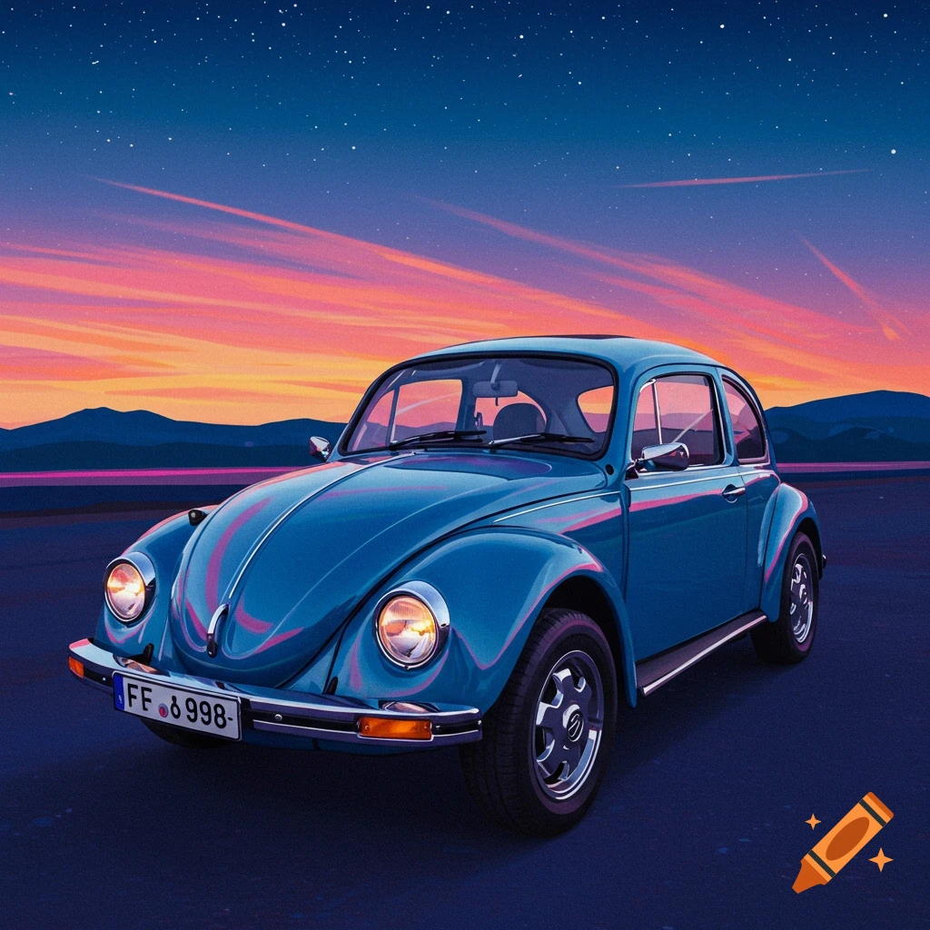 A blue Volkswagen Beetle is parked with a sunset sky and stars behind it.