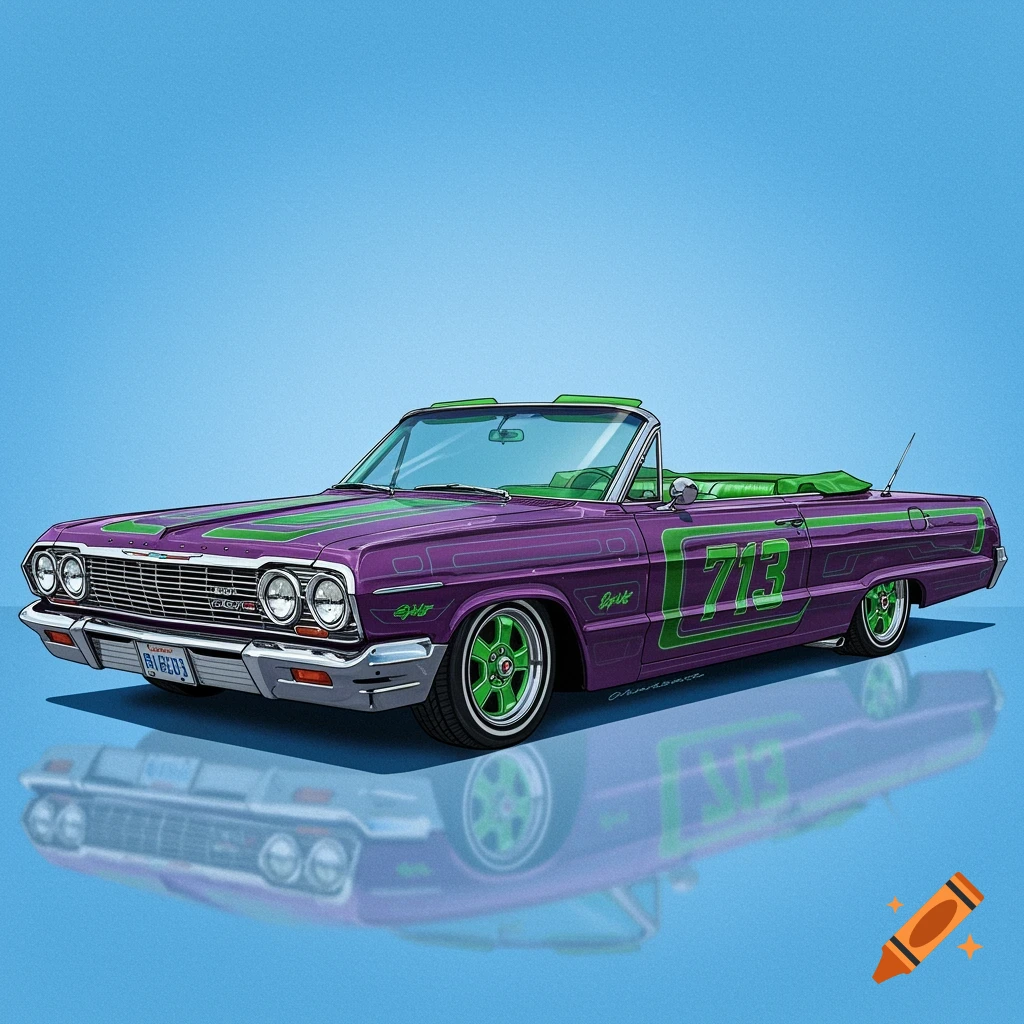 A purple 1963 Chevy Impala convertible with green accents and a '713' graphic.