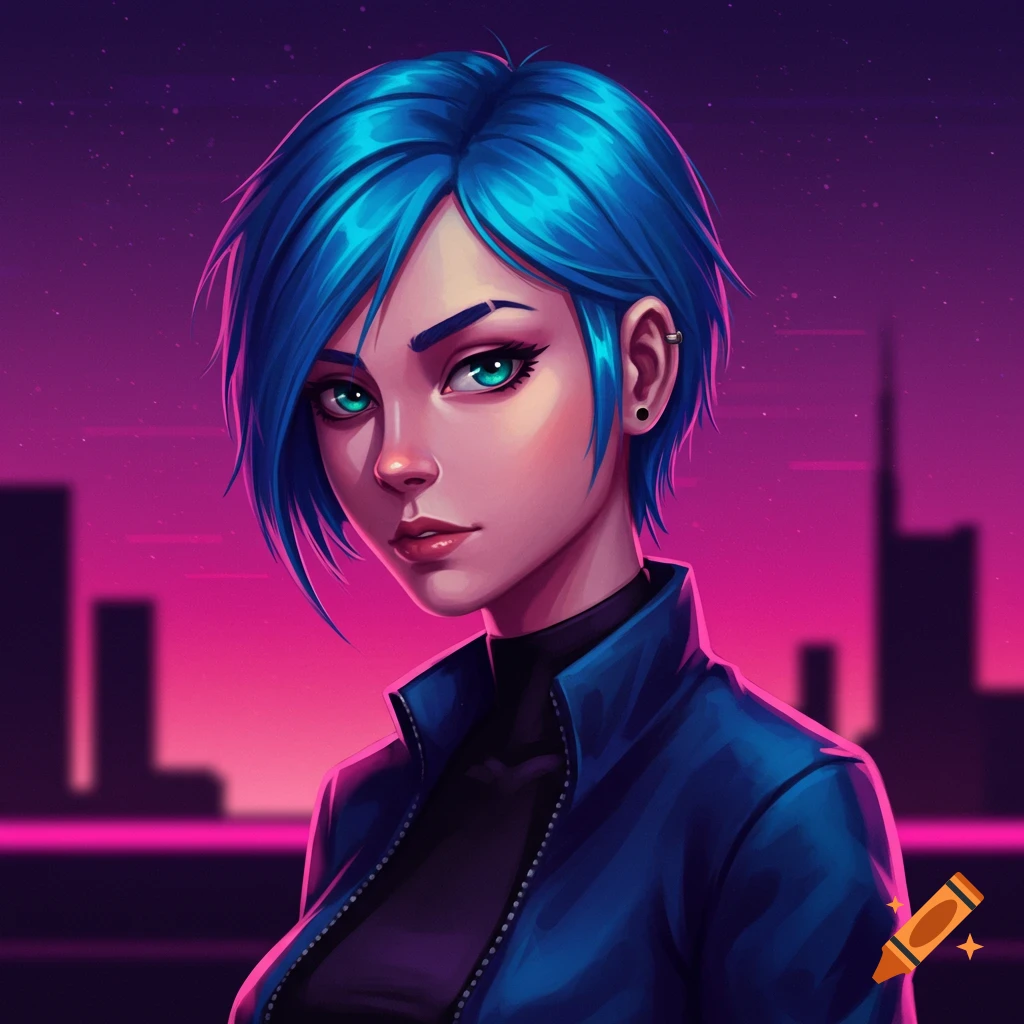 Woman with blue hair and green eyes against a cyberpunk city skyline.
