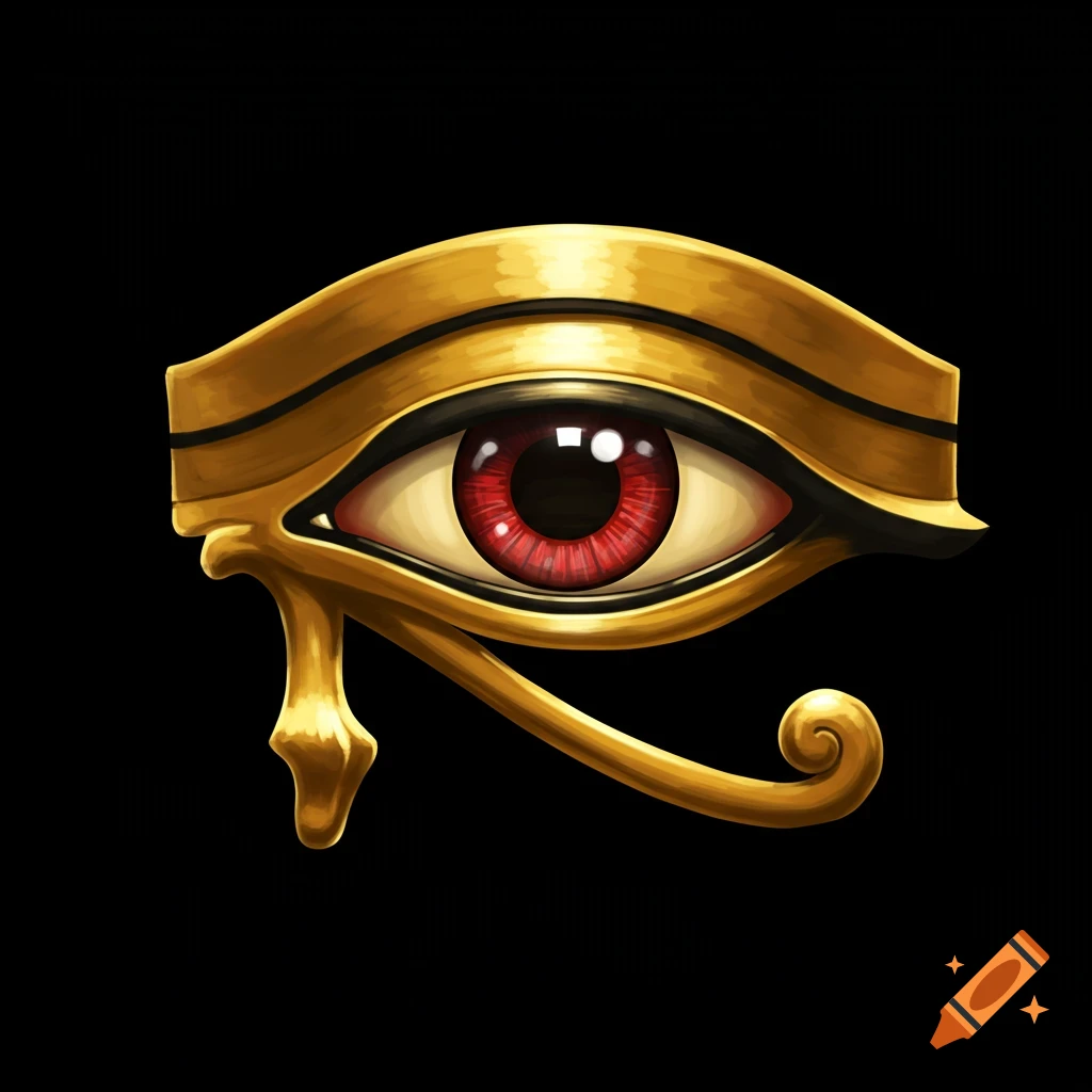 Golden Eye of Horus symbol with a red pupil on black.