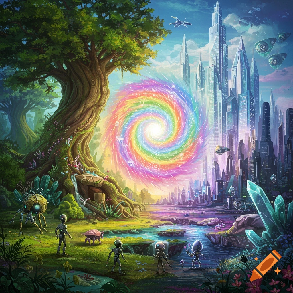 A vibrant image shows a forest meeting a futuristic city, with a swirling rainbow portal in the center and small alien figures in the foreground.