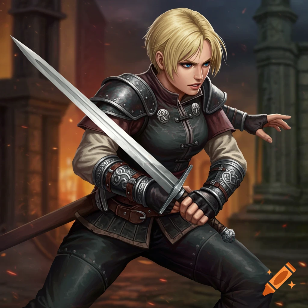 A blonde female warrior in armor holds a sword
