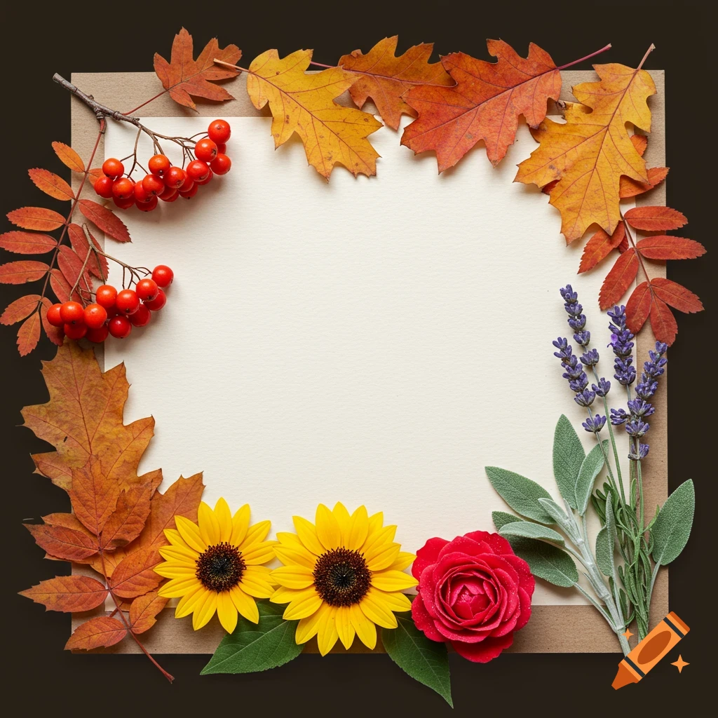 Flat lay of autumn leaves, berries, sunflowers, rose, lavender, and sage arranged around a blank center space.