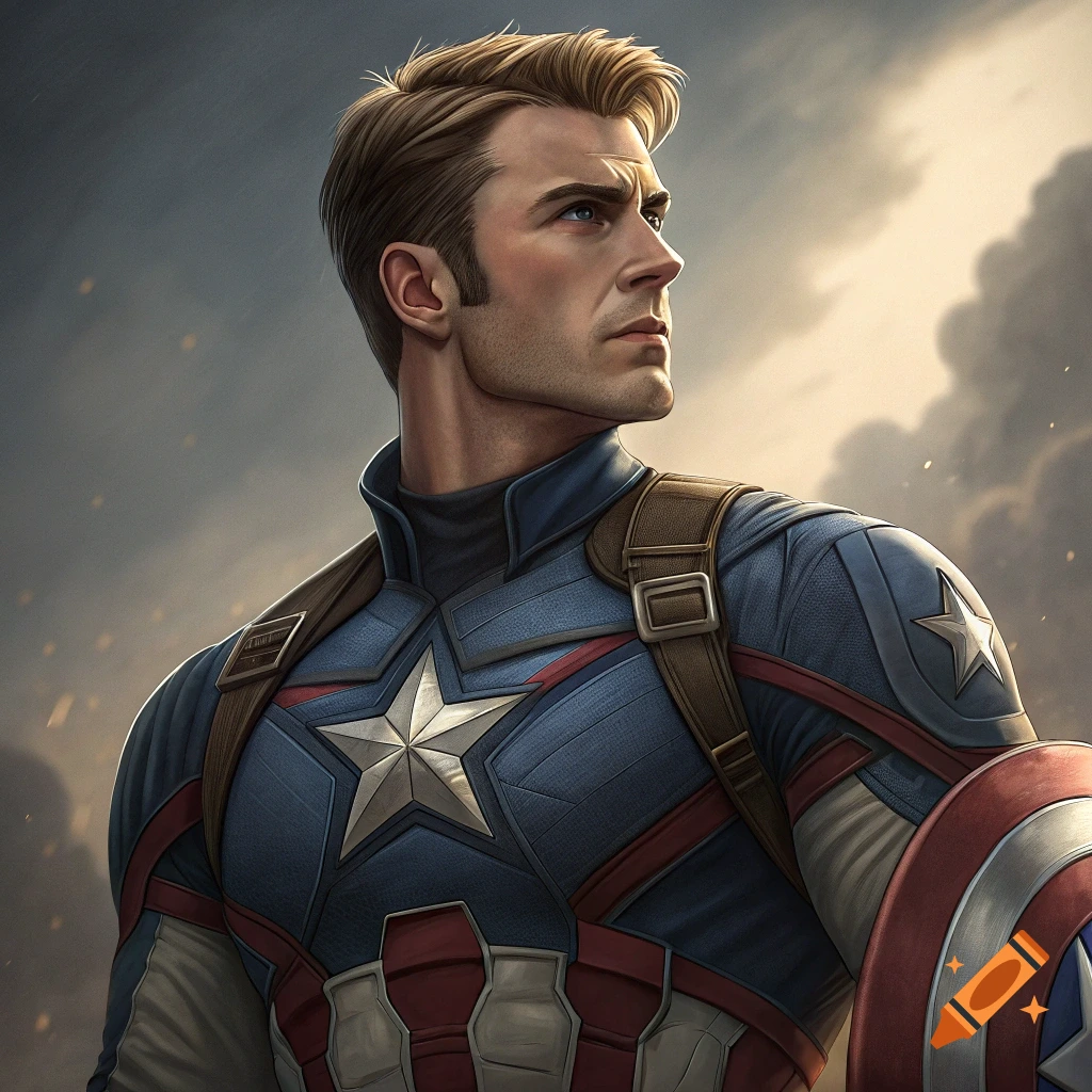 Close-up portrait of Captain America in his suit looking into the distance.