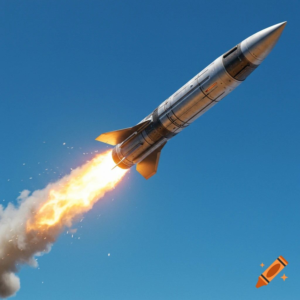 A large missile launches into a bright blue sky, leaving a trail of smoke and fire.