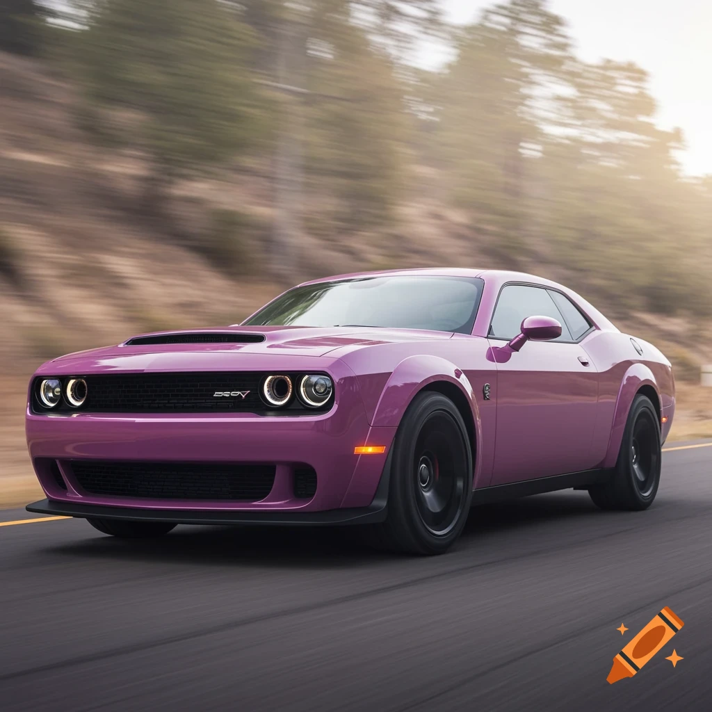 Purple Dodge Challenger driving on a road with motion blur