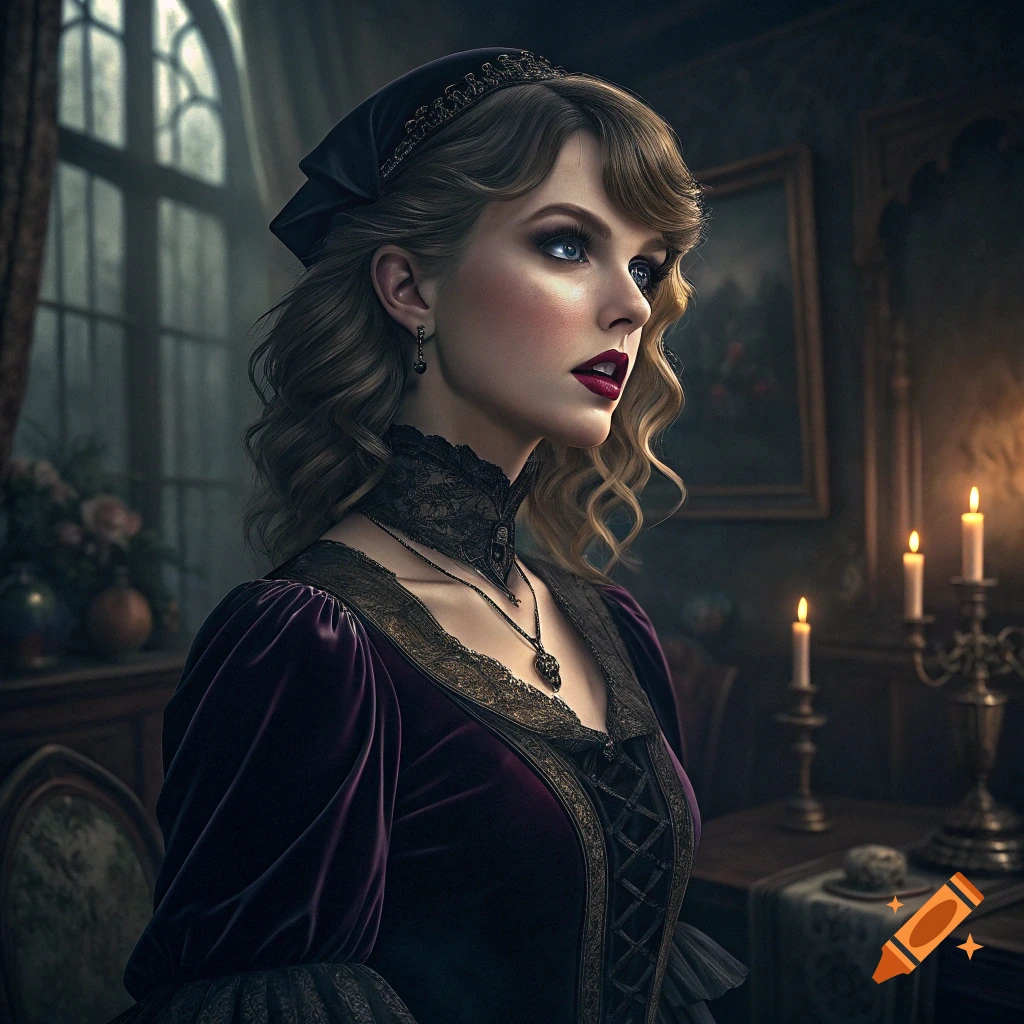 Portrait of a woman in gothic clothing and dark makeup in a dimly lit room with candles and a window.