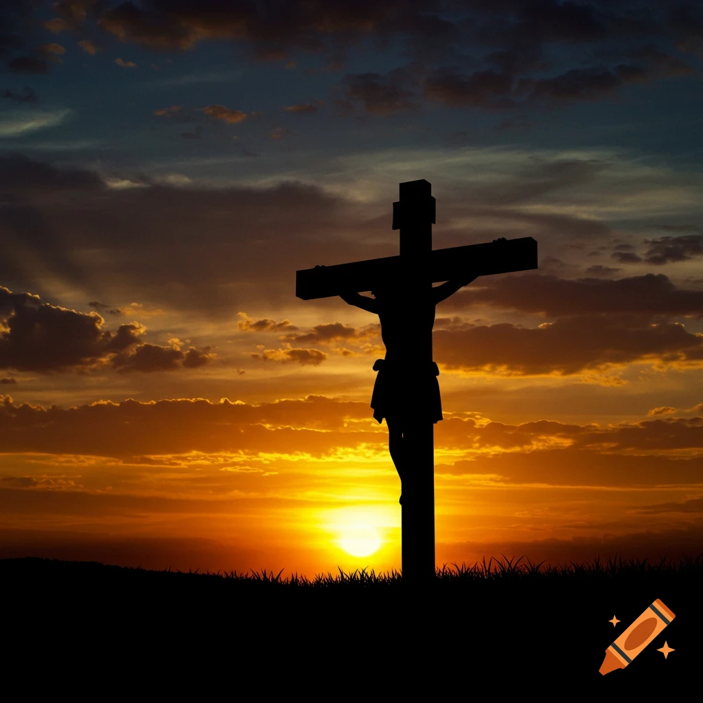 Silhouette of Jesus on a cross against a dramatic sunset sky with clouds and grass.