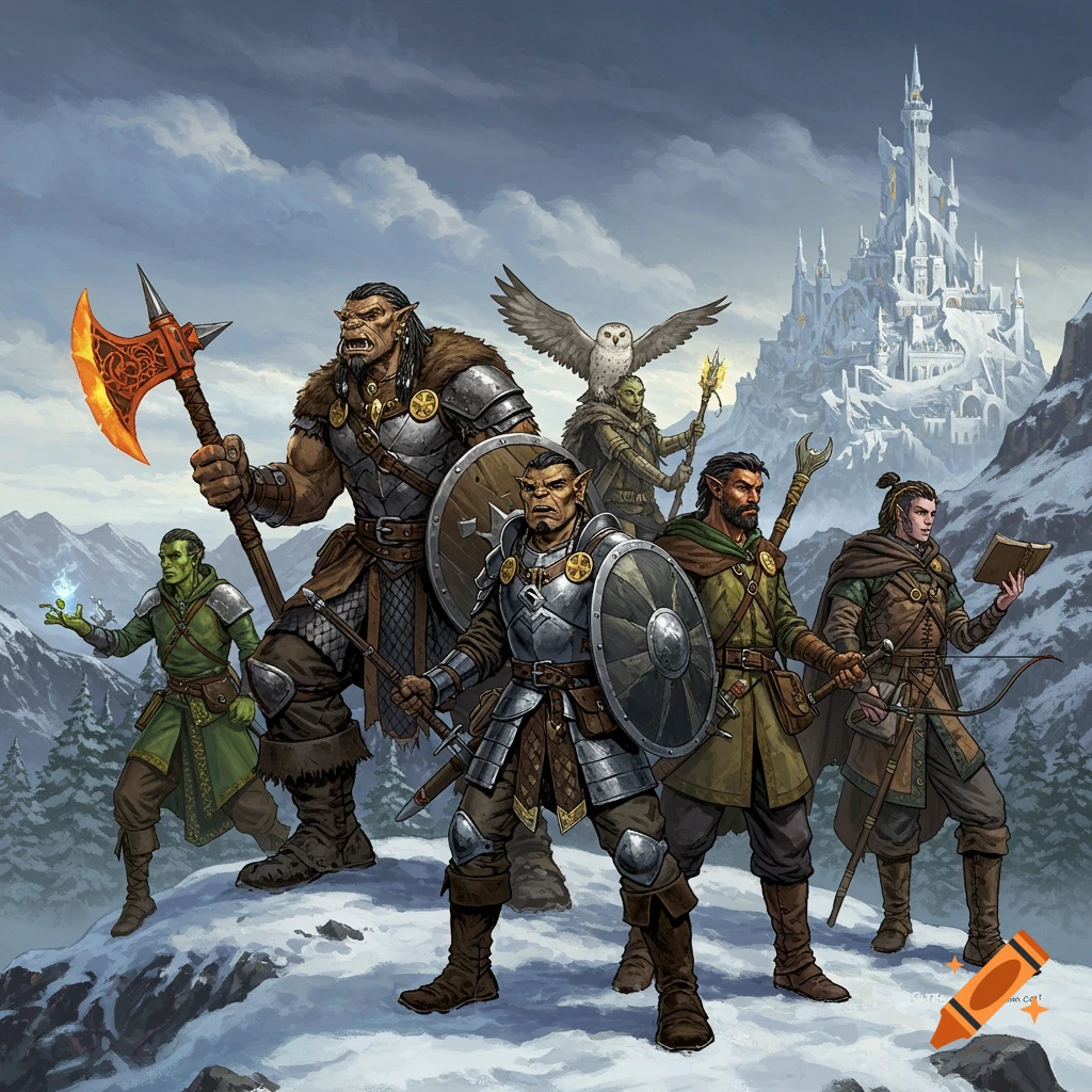 A group of fantasy adventurers stands on a snowy hill with a castle in the background.