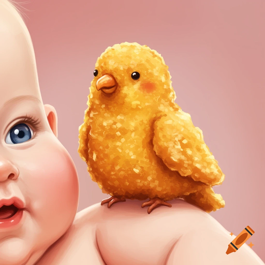 A baby with a chicken nugget bird on its shoulder