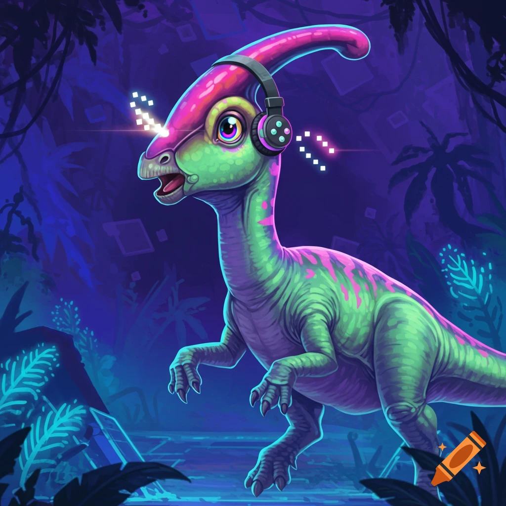 A cartoon Parasaurolophus dinosaur wearing headphones in a dark, neon jungle.