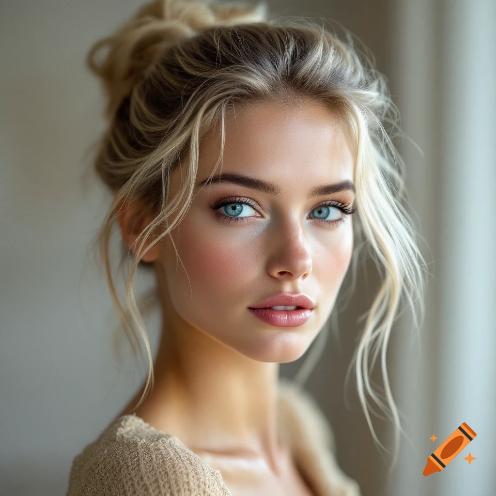 A photorealistic portrait of a woman with blonde hair and blue eyes.
