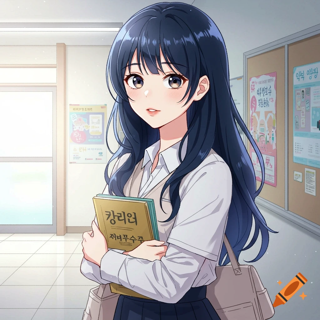 Anime girl in school uniform holding books in hallway