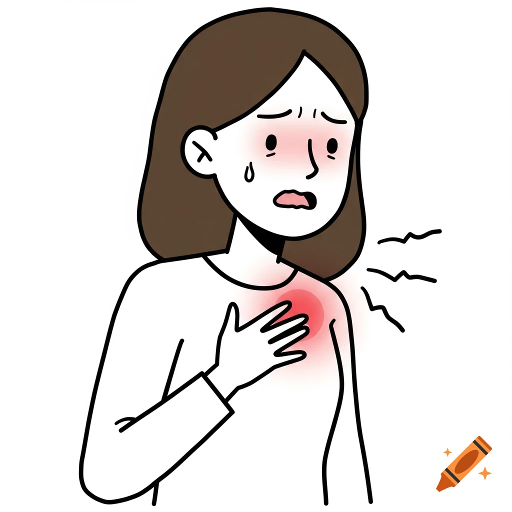 Simple cartoon illustration of a woman holding her chest, indicating pain or difficulty breathing.
